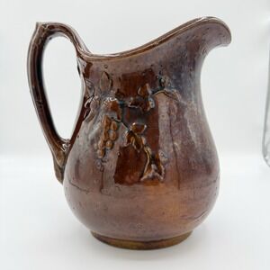 Antique Rockinghamware Stoneware Pitcher Grape Motif Brown Glaze c.1870–1900